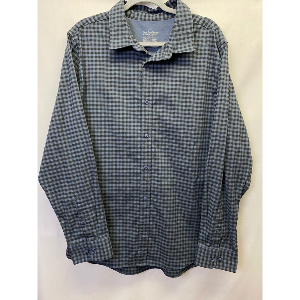 Fresh Clean Threads Mens‎ Long Sleeve Gingham Navy Black Button Up Shirt XL